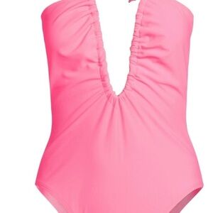 NWT No Boundaries Hot Pink Deep V One Piece Swimsuit Ruched S (3-5)